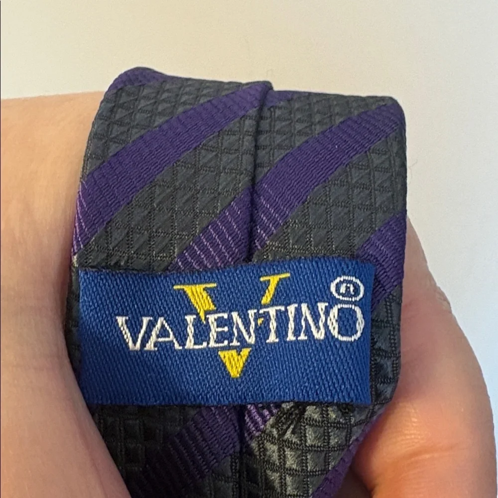 Valentino Gray Silver Purple Striped Thin Textured Necktie Tie